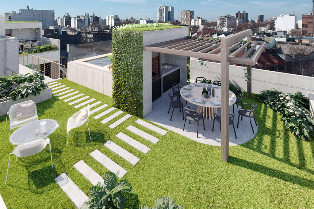 Lobby con doble altura y esculturas